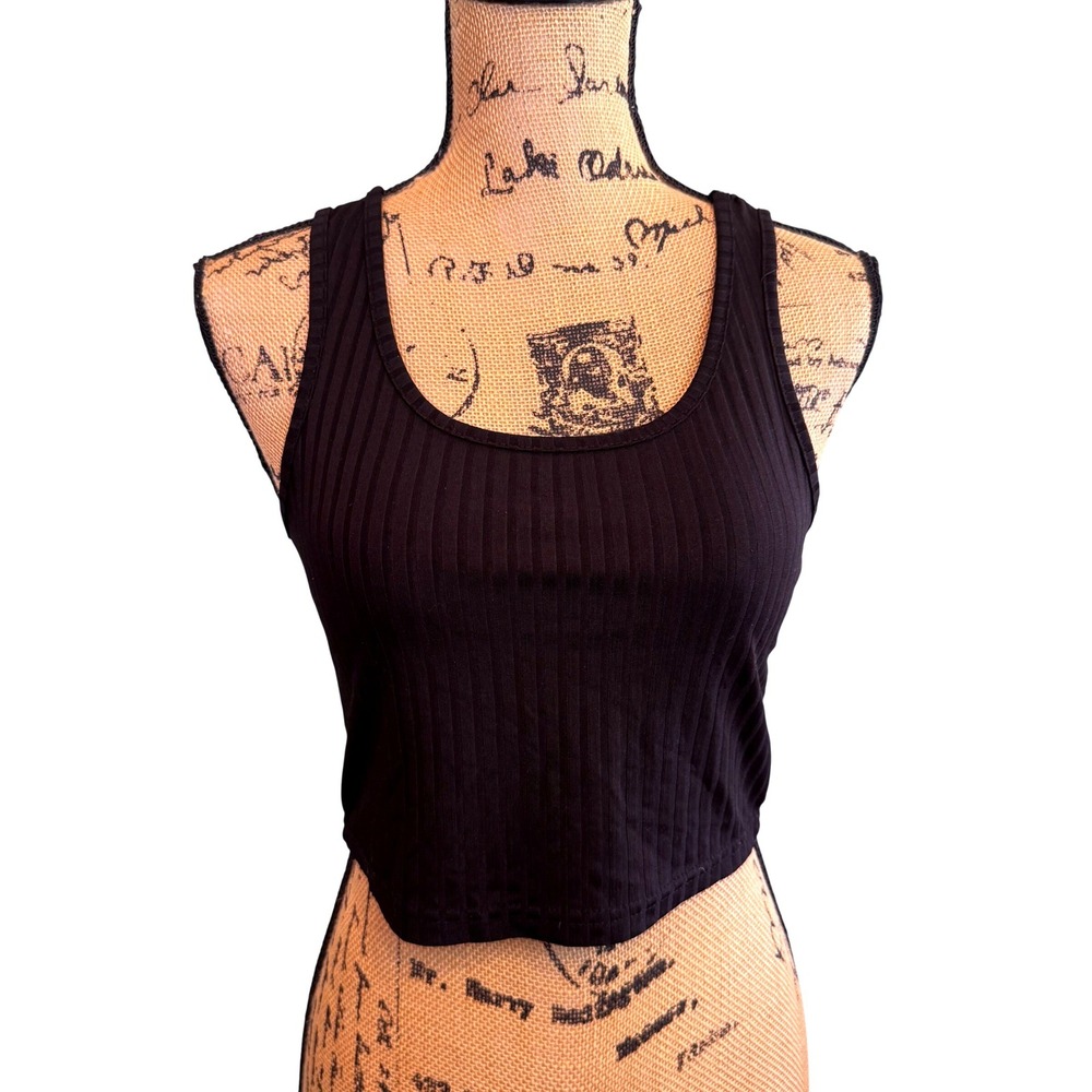 Black Ribbed Knit‎ Scoop Neck Cropped Tank Top Sleeveless Basic Cami Small